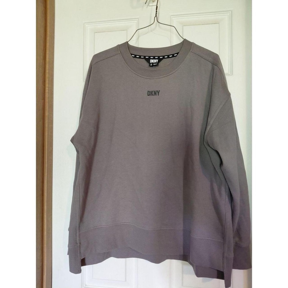 DKNY Logo Crewneck Sweatshirt Womens Medium Gray Relaxed Pullover Top